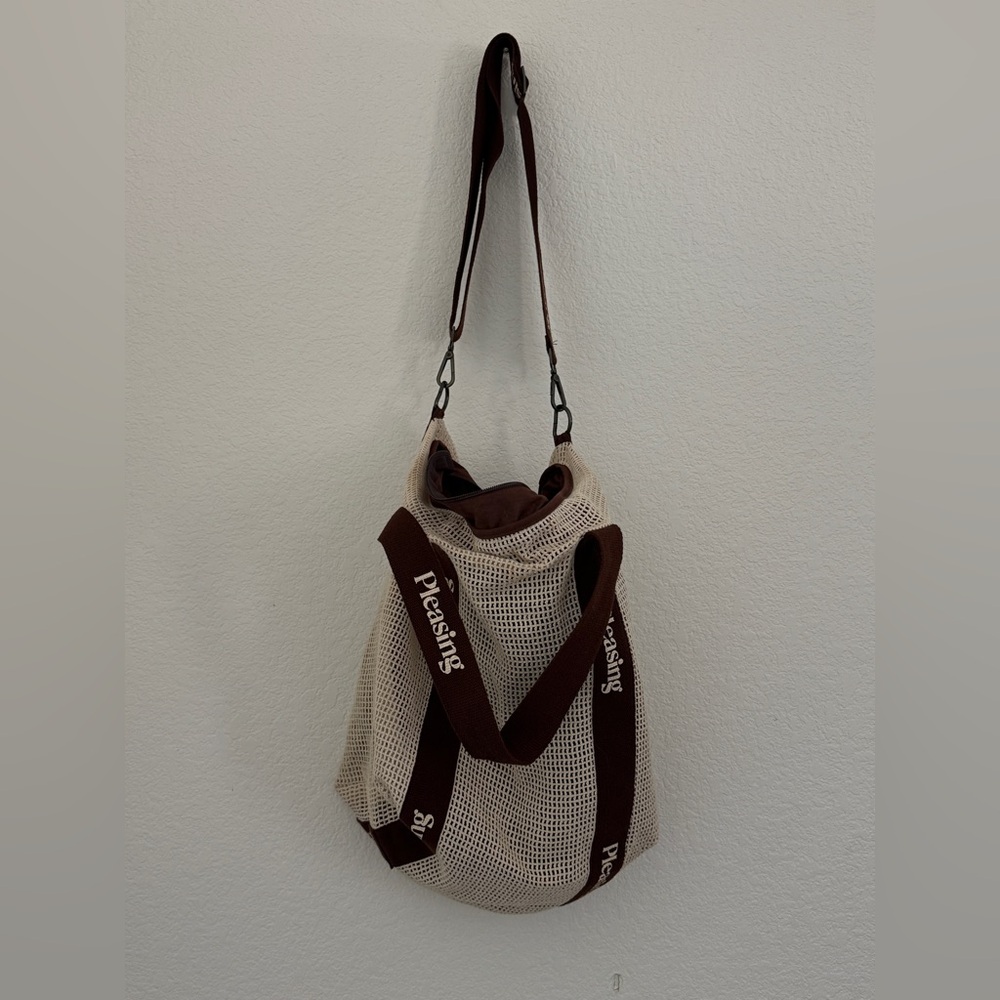 Beige Mesh Shoulder Bag with Brown Straps